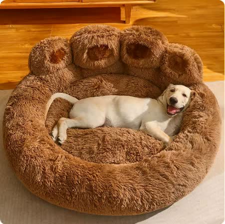 90cm Plush Dog Bed with Paw Design - Ultra Soft Round Pet Sofa for Medium to Large Dogs
