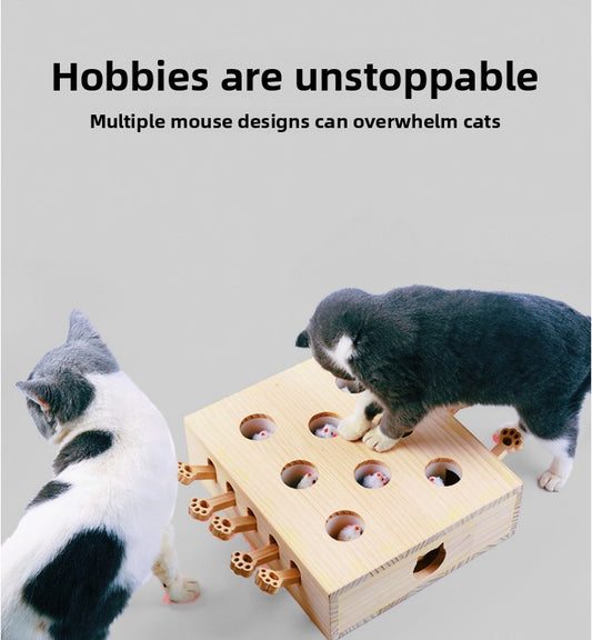 Interactive Wooden Cat Toy Whack-A-Mouse Box