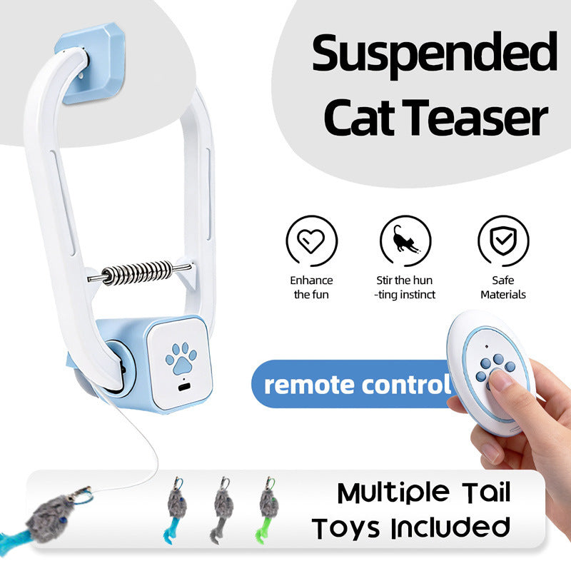 Dual Mode Interactive Cat Toy with Hanging Clamp & 3 Tail Toys - Random Rotating Swinging Teaser for Indoor Cats, Remote Controlled & Automatic 15-Min Playmate