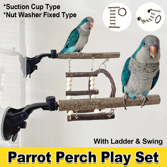 Wooden Parrot Stand Climbing Ladder Swing Toy for Birds Cage Play Accessories - Nut Washer Fixed Type