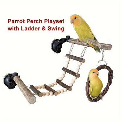 Wooden Bird Perch with ladder and swing