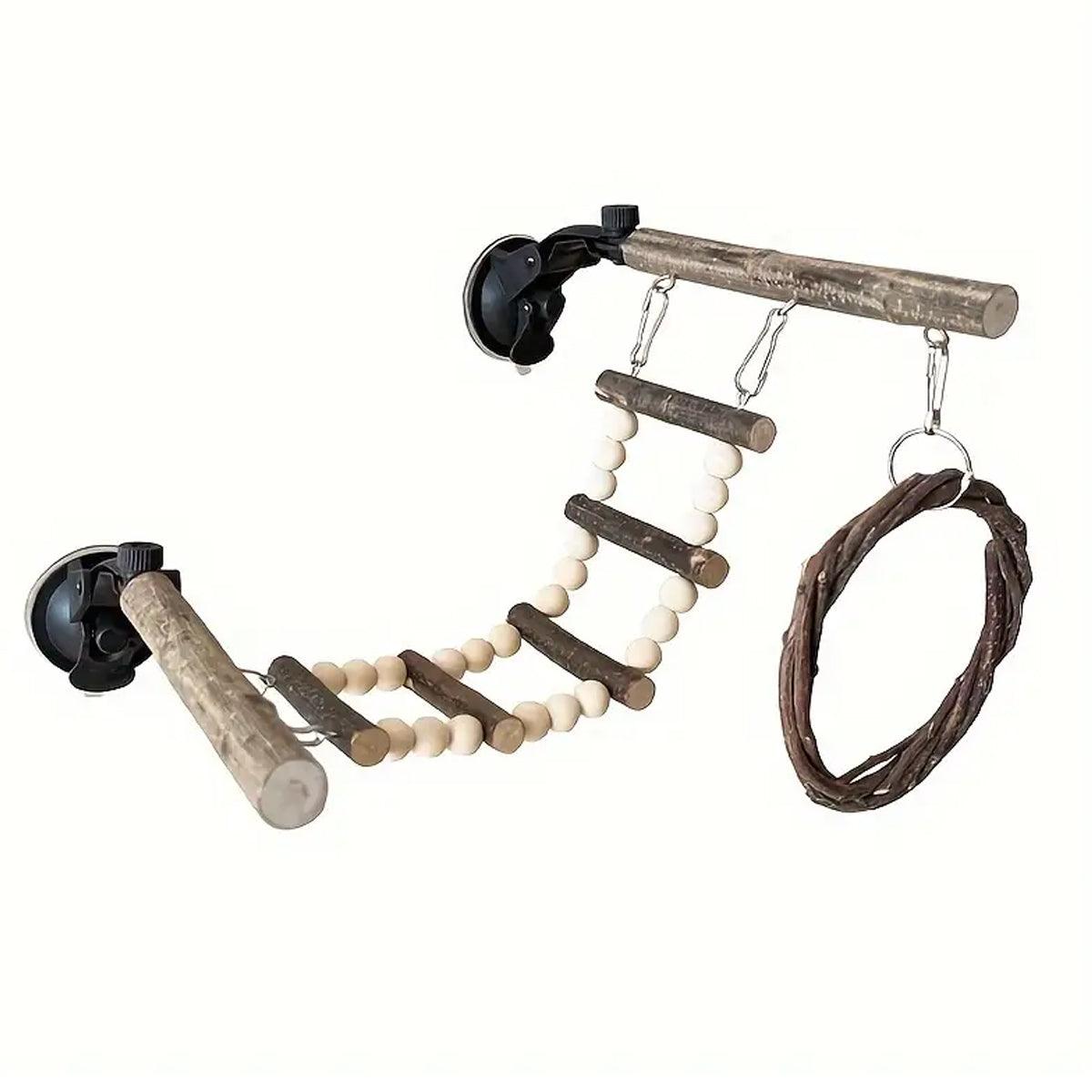 Wooden Bird Perch with ladder and swing