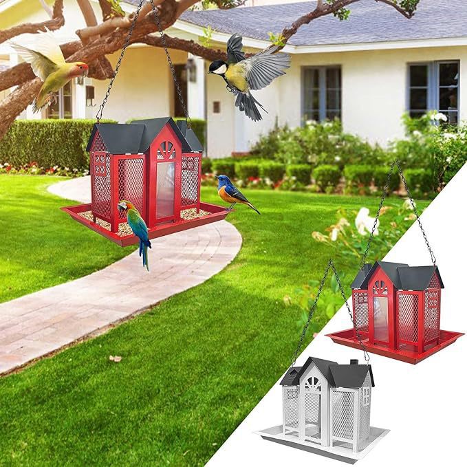 Charming House-Shaped Hanging Bird Feeder - Durable Metal Design for Wild Birds