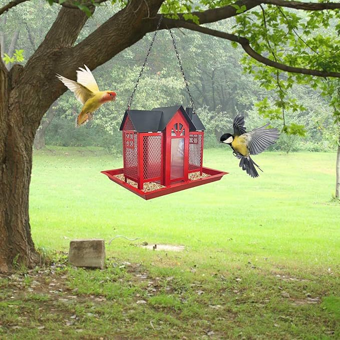 Charming House-Shaped Hanging Bird Feeder - Durable Metal Design for Wild Birds