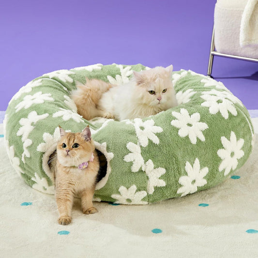 2-in-1 Cat Tunnel Bed Green Daisy 80cm - Plush Donut Pet Cave & Play Tube - Detachable Washable Cushion & Interactive Hanging Toy for Indoor Cats