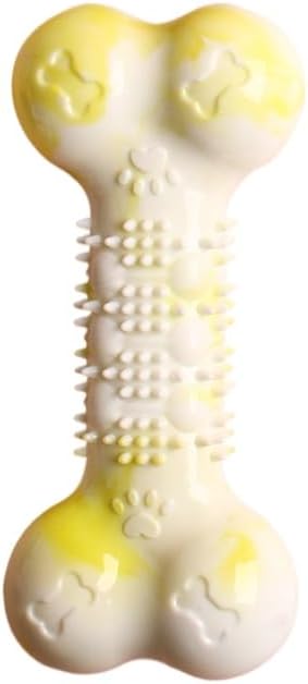 2-Pack Durable TPR Squeaky Dog Bone with Two-Tone Paw Print - Dental Health & Gum Massage Spiked Molar Toy(Yellow-White)